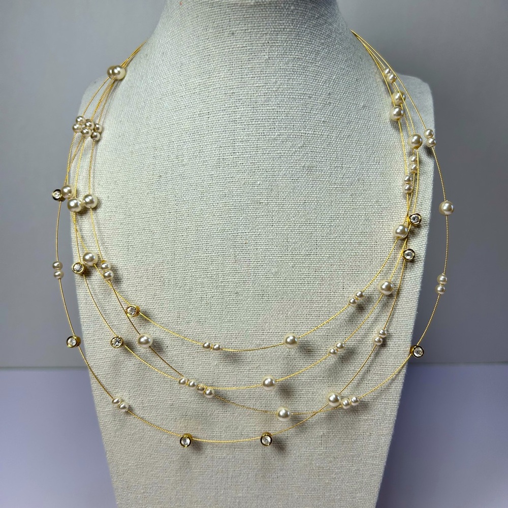 NWOT Dainty Nolan Miller Faux Pearl Rhinestone Golf Tone Multi Strand Necklace